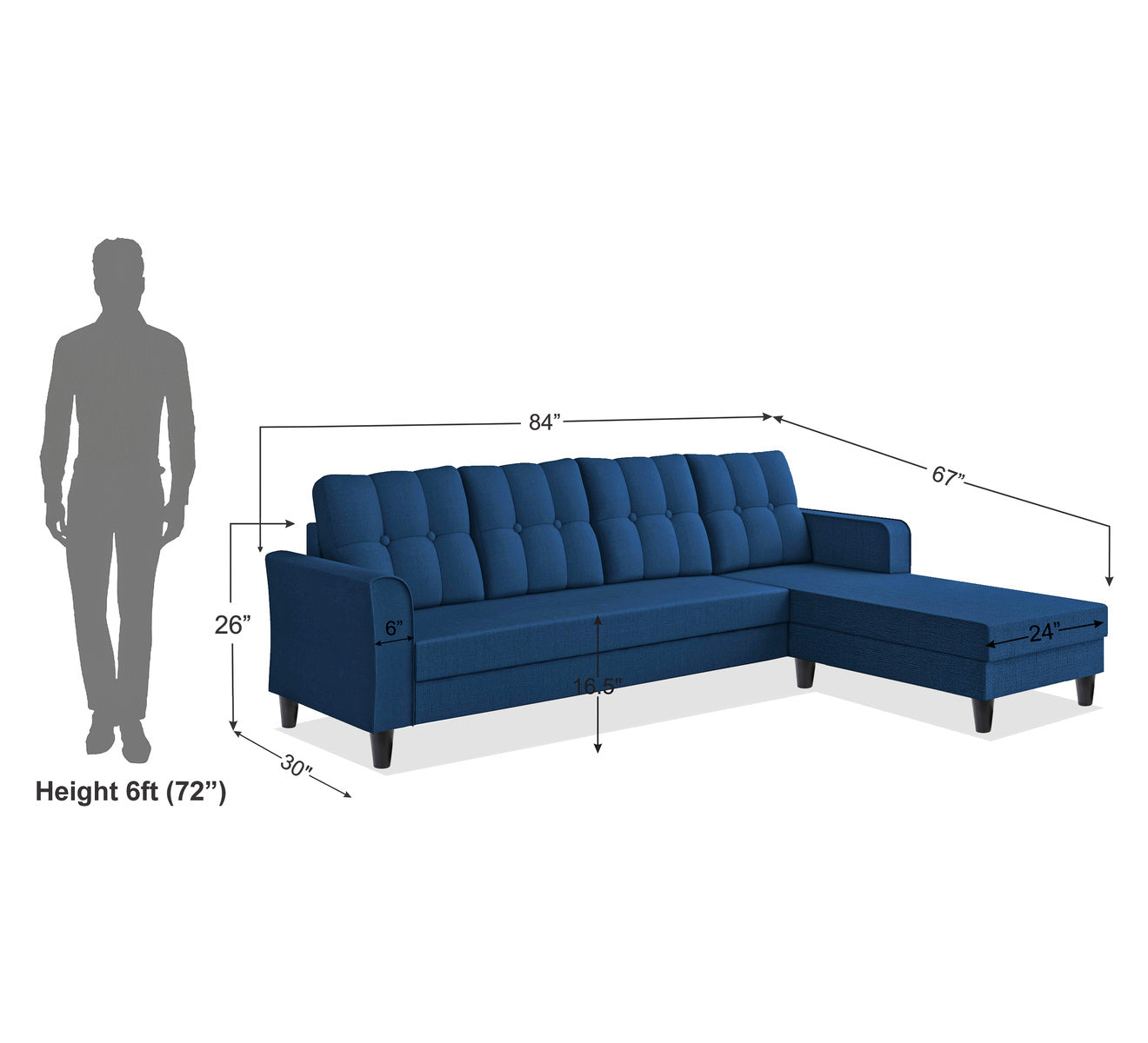 Adorn India Maddox Tufted L Shape 5 Seater Sofa Chenille Sofa Set RHS (Blue) (3 Year Warranty)