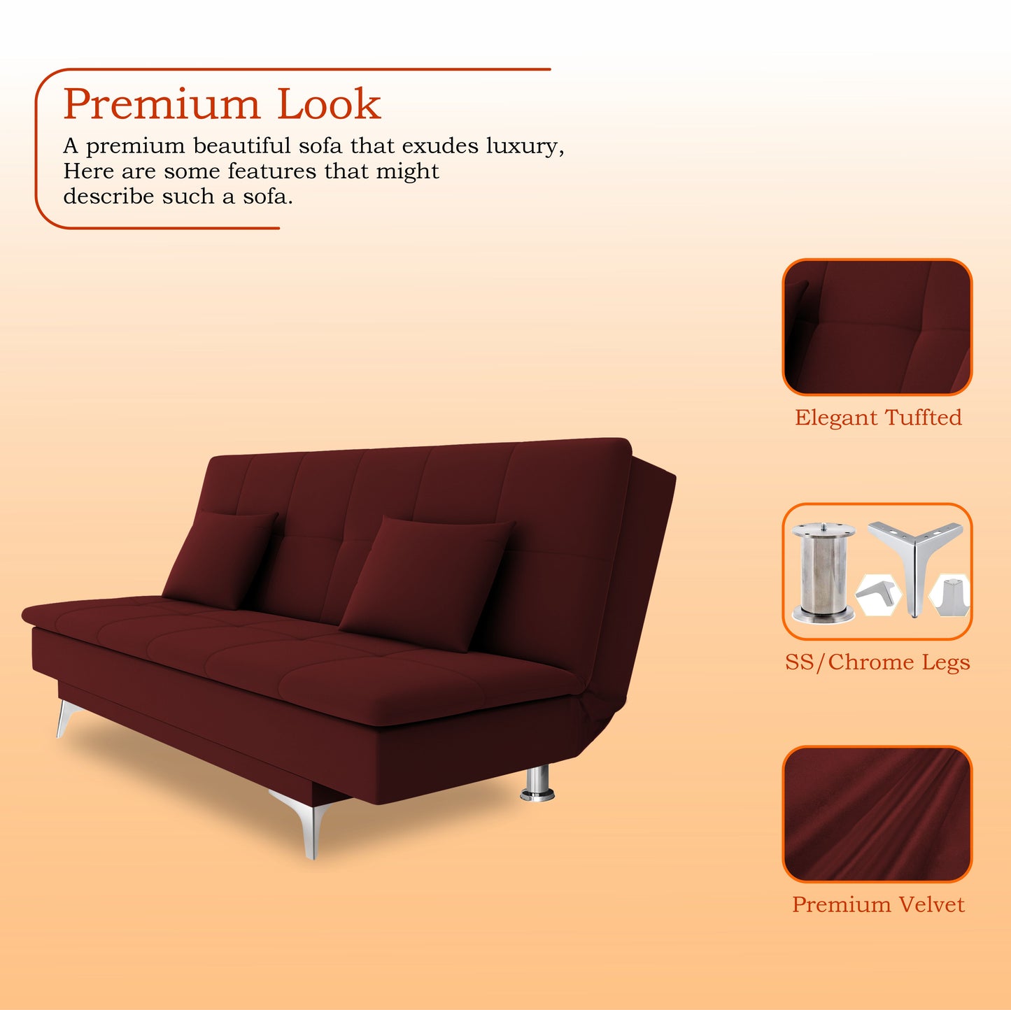 Adorn India Premium New Aspen 3 Seater Sofa Cum Bed 4X6 Velvet Suede with 2 Cushions (Color Maroon) and Suitable for All Indoor, with 3 Years Warranty