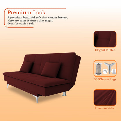 Adorn India Premium New Aspen 3 Seater Sofa Cum Bed 4X6 Velvet Suede with 2 Cushions (Color Maroon) and Suitable for All Indoor, with 3 Years Warranty