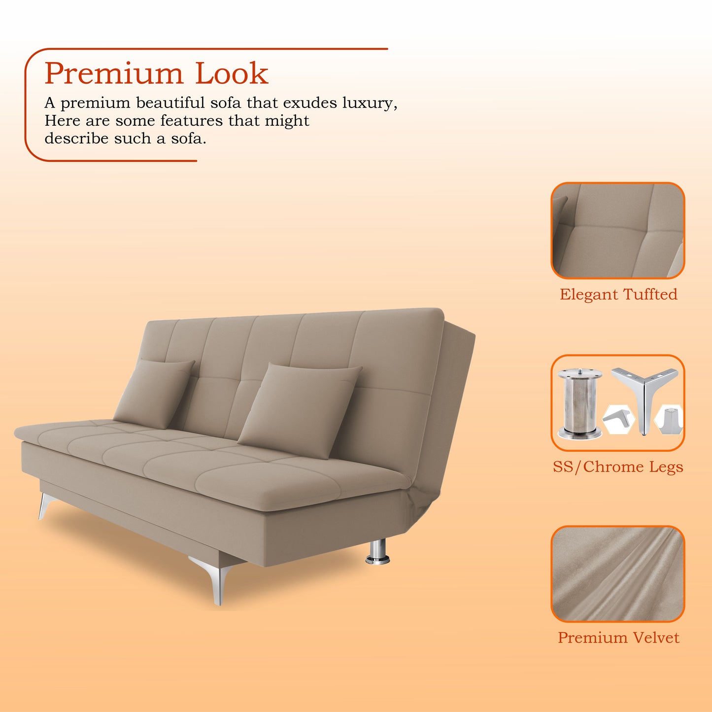 Adorn India Premium New Aspen 3 Seater Sofa Cum Bed 4X6 Velvet Suede with 2 Cushions (Color Light Beige) and Suitable for All Indoor, with 3 Years Warranty
