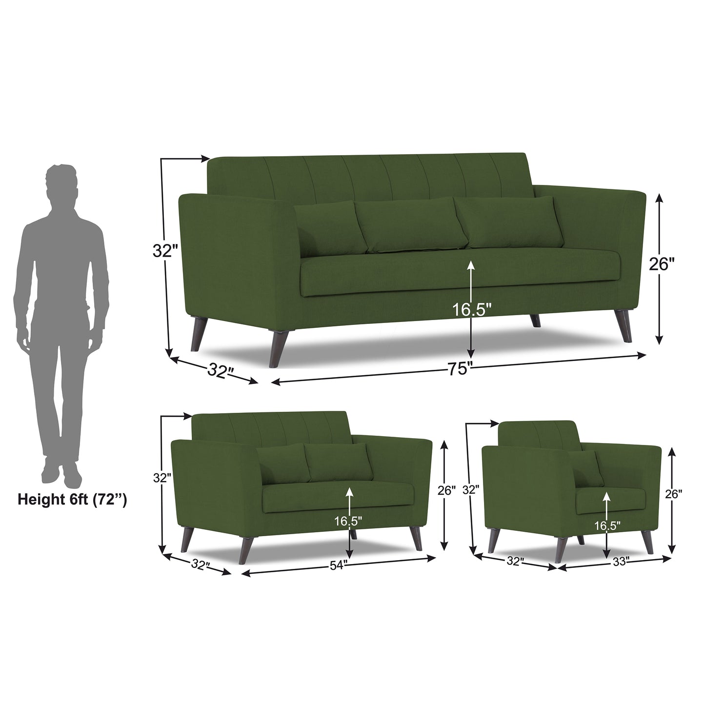 Adorn India Daniel 3+2+1 6 Seater Sofa Set (Green) (3 Year Warranty)