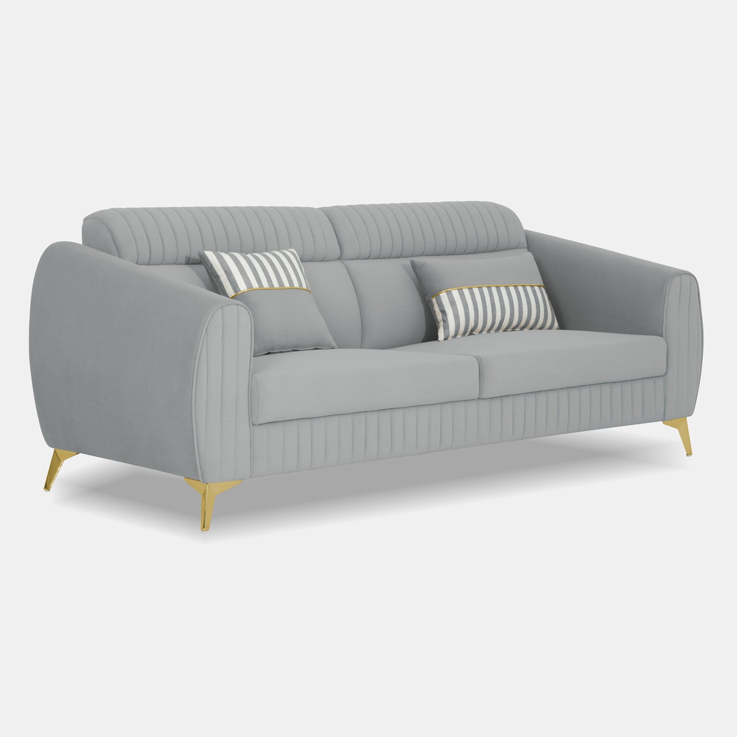 Adorn India Premium Valentino 3 Seater Sofa | Velvet Suede Fabric | 3-Year Warranty | Color Grey with Golden Legs & Striped Pattern Cushion