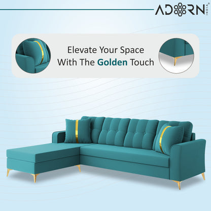 Adorn India Premium Maddox Tufted- 3 Years Warranty - L Shape 5 Seater Sofa Set -LHS-Velvet Suede Fabric - Aqua Blue