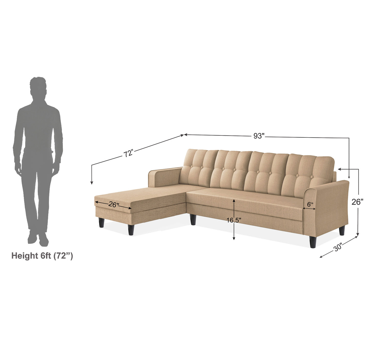 Adorn India Maddox Tufted L Shape 6 Seater Sofa Set Lhs (Beige) (3 Year Warranty)
