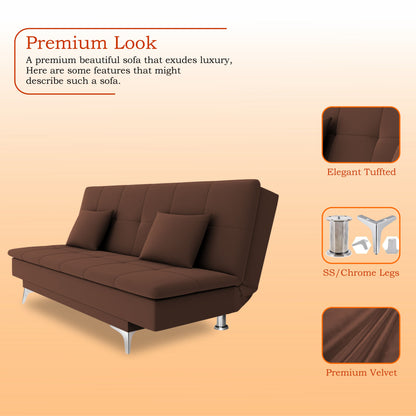 Adorn India Premium New Aspen 3 Seater Sofa Cum Bed 4X6 Velvet Suede with 2 Cushions (Color Brown) and Suitable for All Indoor, with 3 Years Warranty
