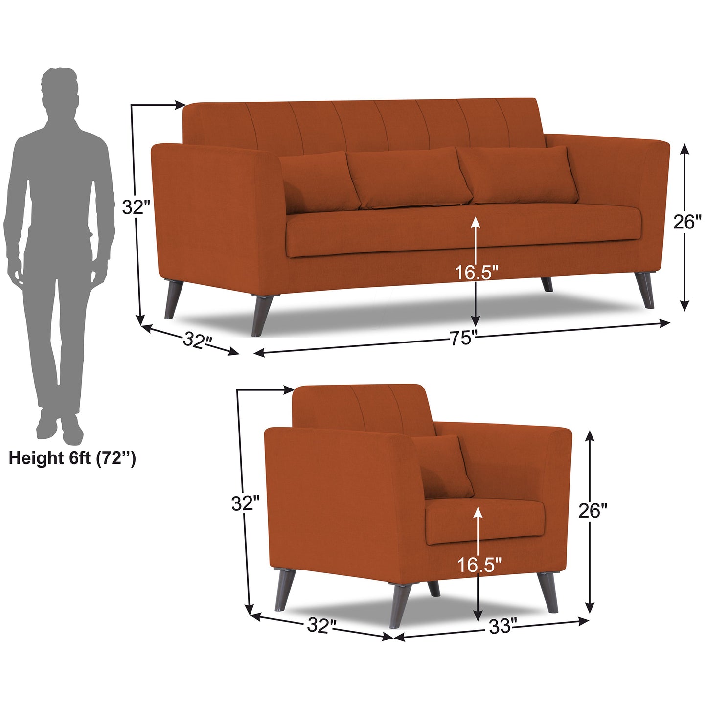 Adorn India Daniel 3+1+1 5 Seater Sofa Set (Rust) (3 Year Warranty)