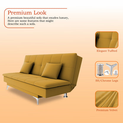 Adorn India Premium New Aspen 3 Seater Sofa Cum Bed 4X6 Velvet Suede with 2 Cushions (Color Yellow) and Suitable for All Indoor, with 3 Years Warranty