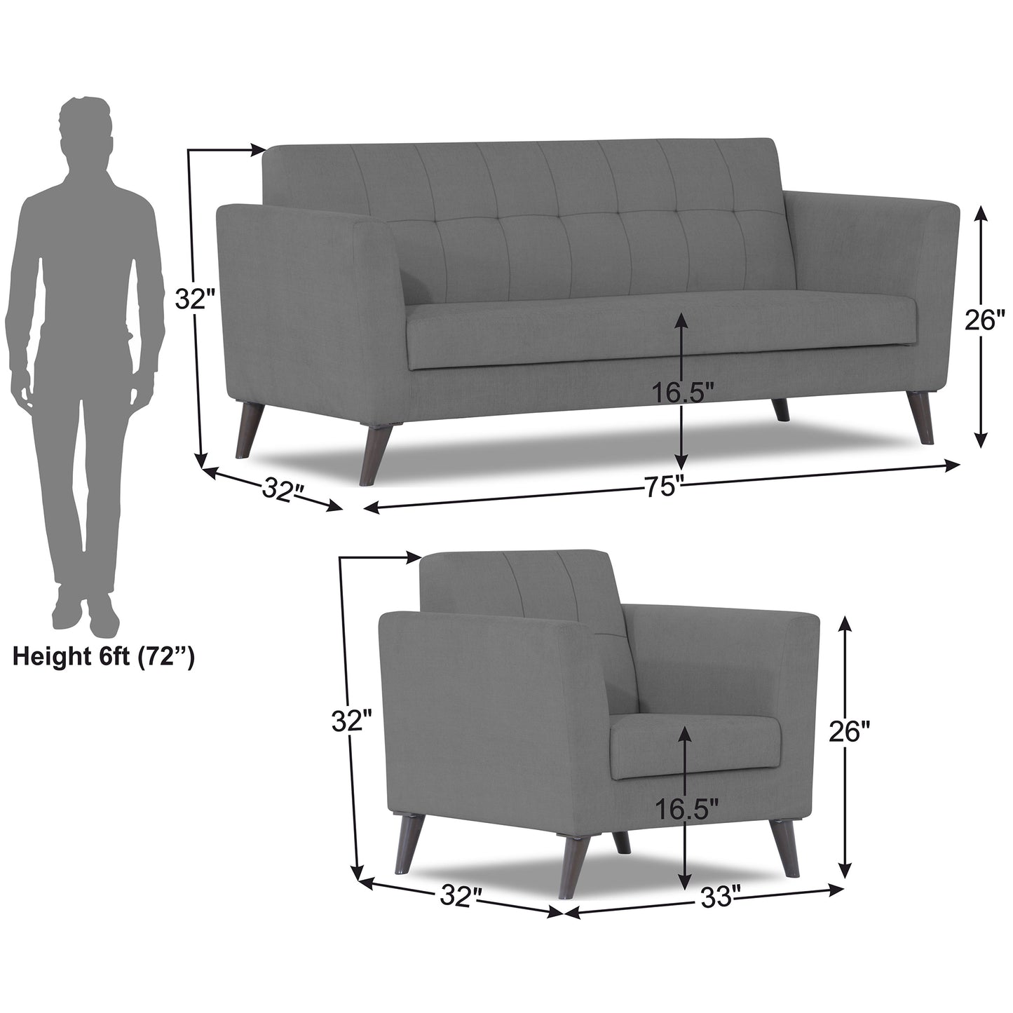 Adorn India Dannis 3+1+1 5 Seater Sofa Set (Grey) (3 Year Warranty)