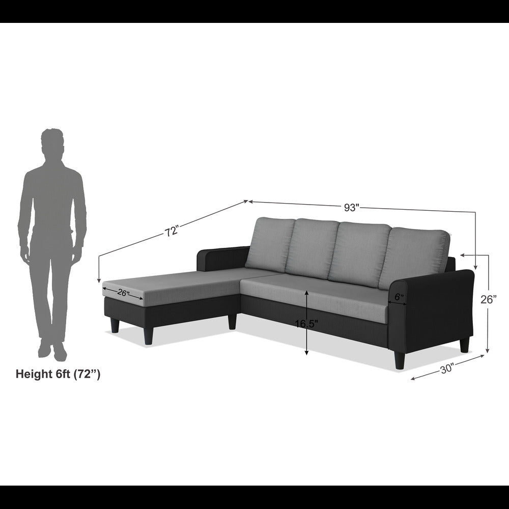 Adorn India Maddox Plain Two Tone L Shape 6 Seater Sofa Set LHS (Grey & Black) (3 Year Warranty)