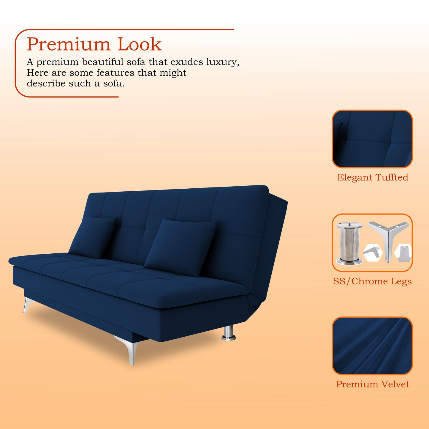 Adorn India Premium New Aspen 3 Seater Sofa Cum Bed 4X6 Velvet Suede with 2 Cushions (Color Blue) and Suitable for All Indoor, with 3 Years Warranty