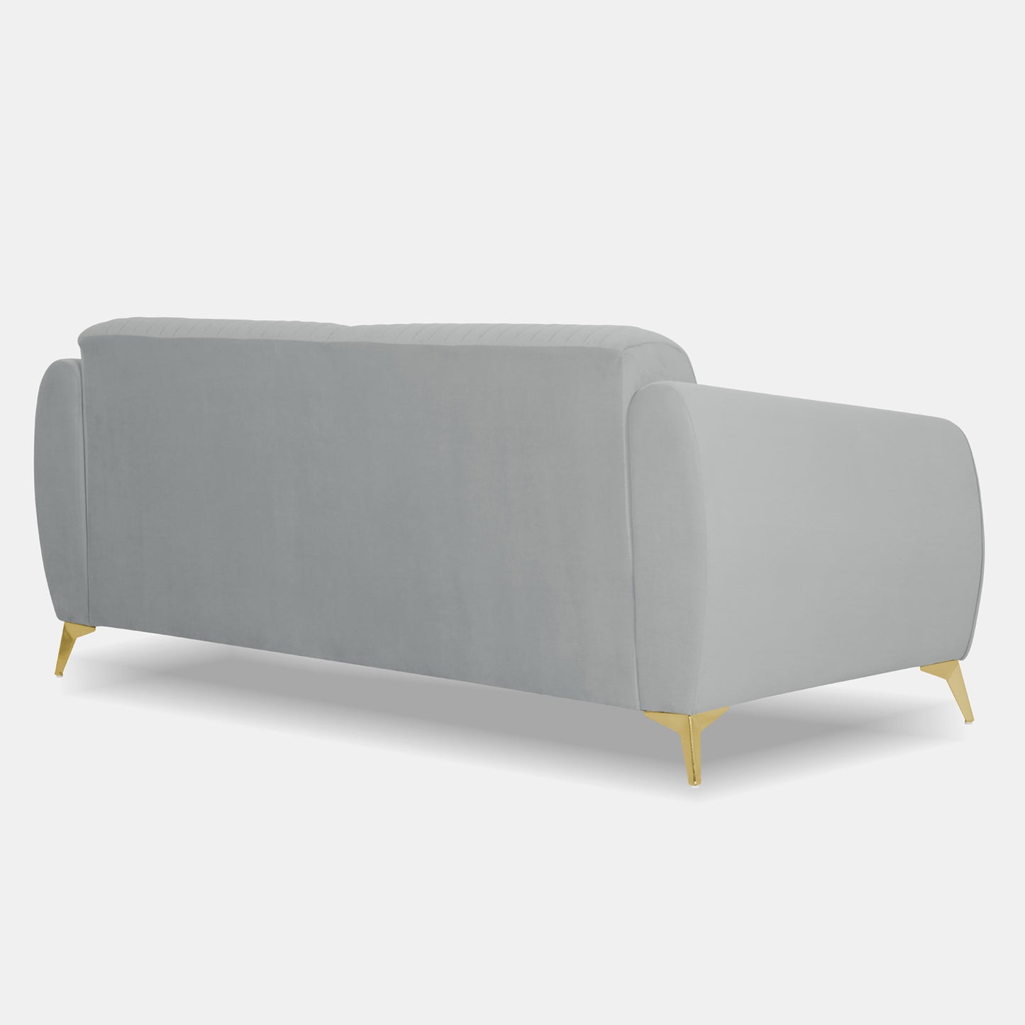 Adorn India Premium Valentino 3 Seater Sofa | Velvet Suede Fabric | 3-Year Warranty | Color Grey with Golden Legs & Striped Pattern Cushion