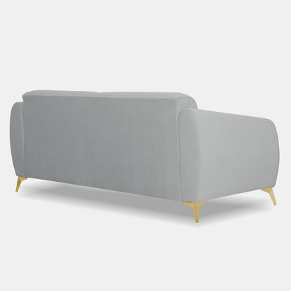 Adorn India Premium Valentino 3 Seater Sofa | Velvet Suede Fabric | 3-Year Warranty | Color Grey with Golden Legs & Striped Pattern Cushion