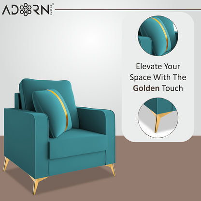 Adorn India Premium Chandler - 3 Years Warranty - 1 Seater Sofa Velvet Suede Fabric - Aqua Blue