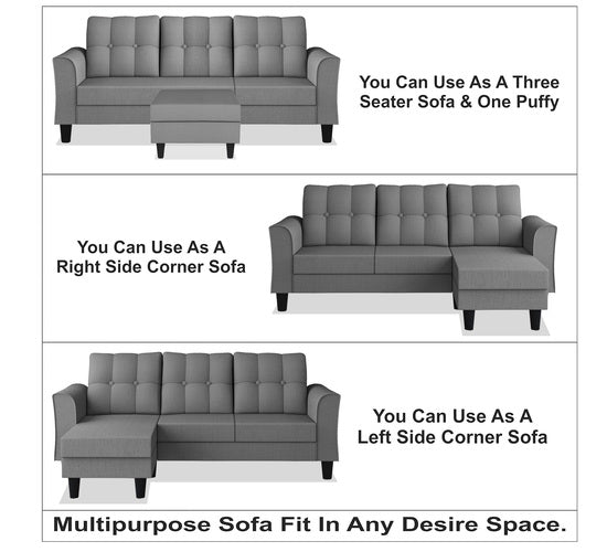 Adorn India Maddox Tufted L Shape 4 Seater Wood Sofa Set (Grey) (3 Year Warranty)