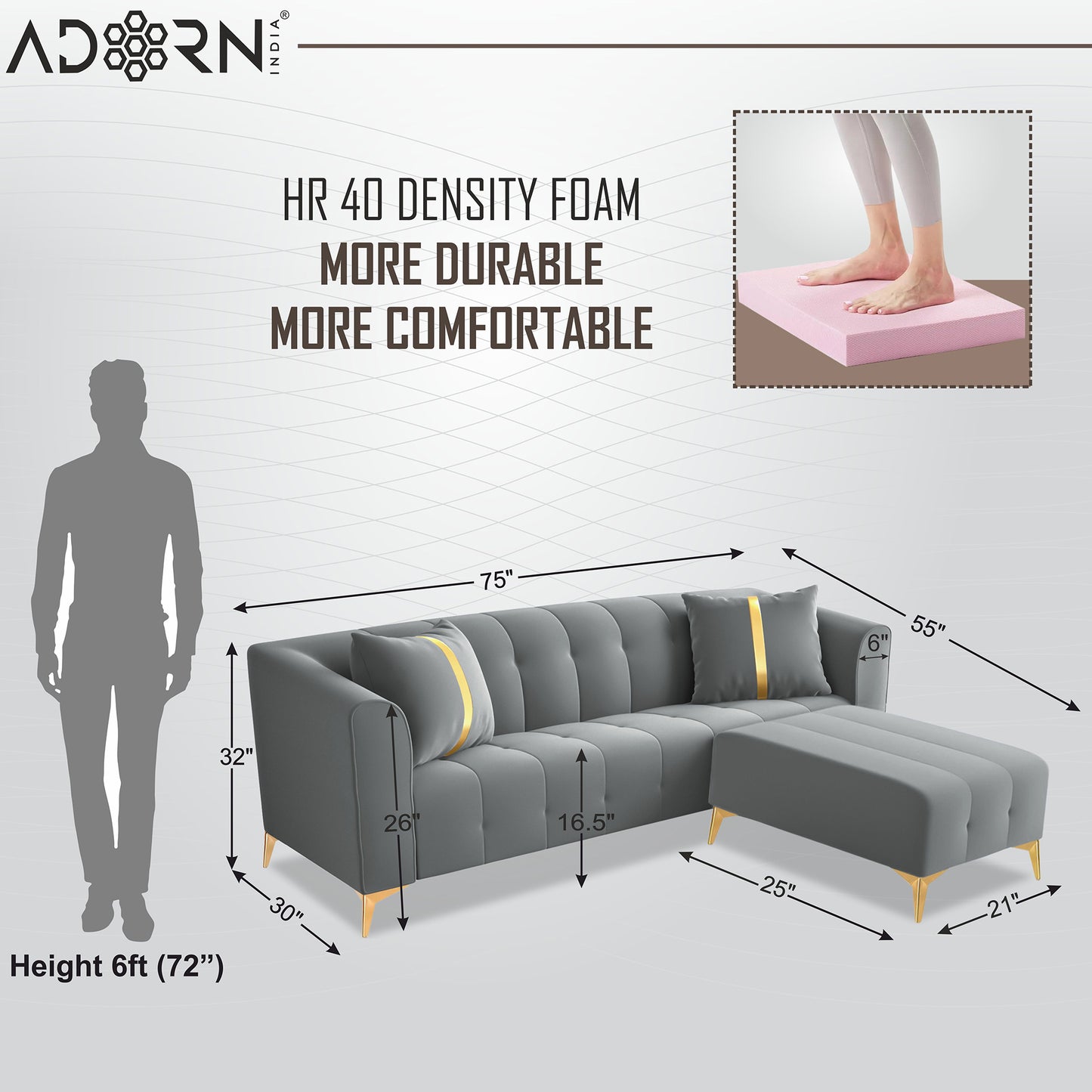 Adorn India Premium Mystic - 3 Years Warranty - L Shape 4 Seater Sofa Set Velvet Suede Fabric - Grey