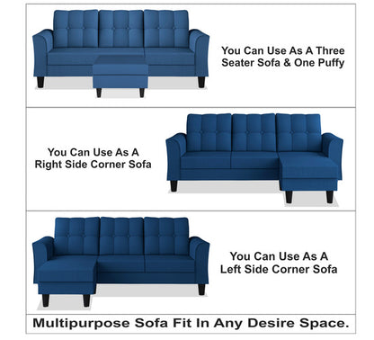 Adorn India Maddox Tufted L Shape 4 Seater Sofa Set (Blue)