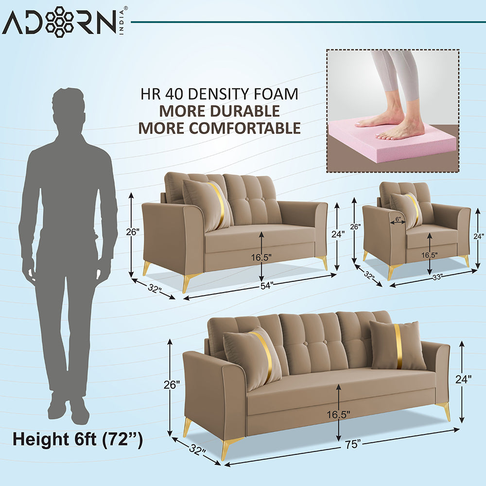 Adorn India Premium Maddox Tufted - 3 Years Warranty - 3+2+1 Sofa Set Velvet Suede Fabric - Beige