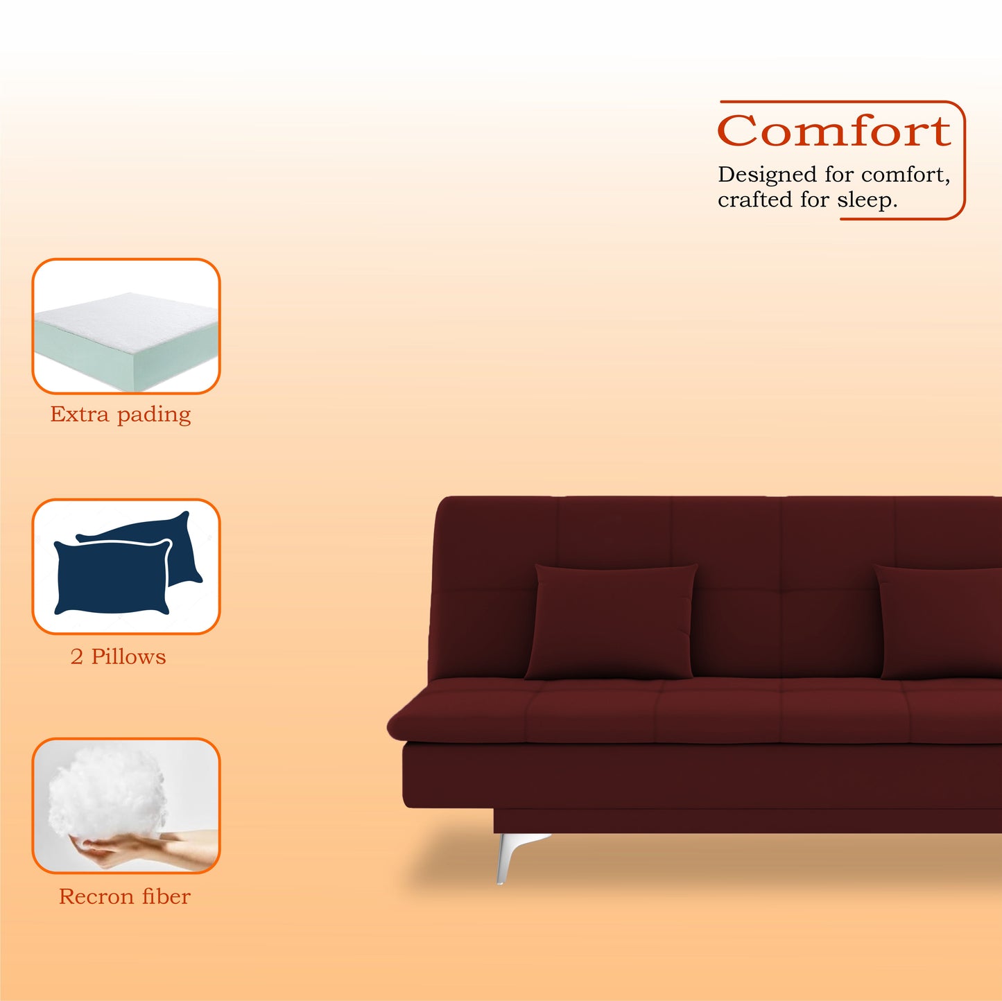 Adorn India Premium New Aspen 3 Seater Sofa Cum Bed 4X6 Velvet Suede with 2 Cushions (Color Maroon) and Suitable for All Indoor, with 3 Years Warranty