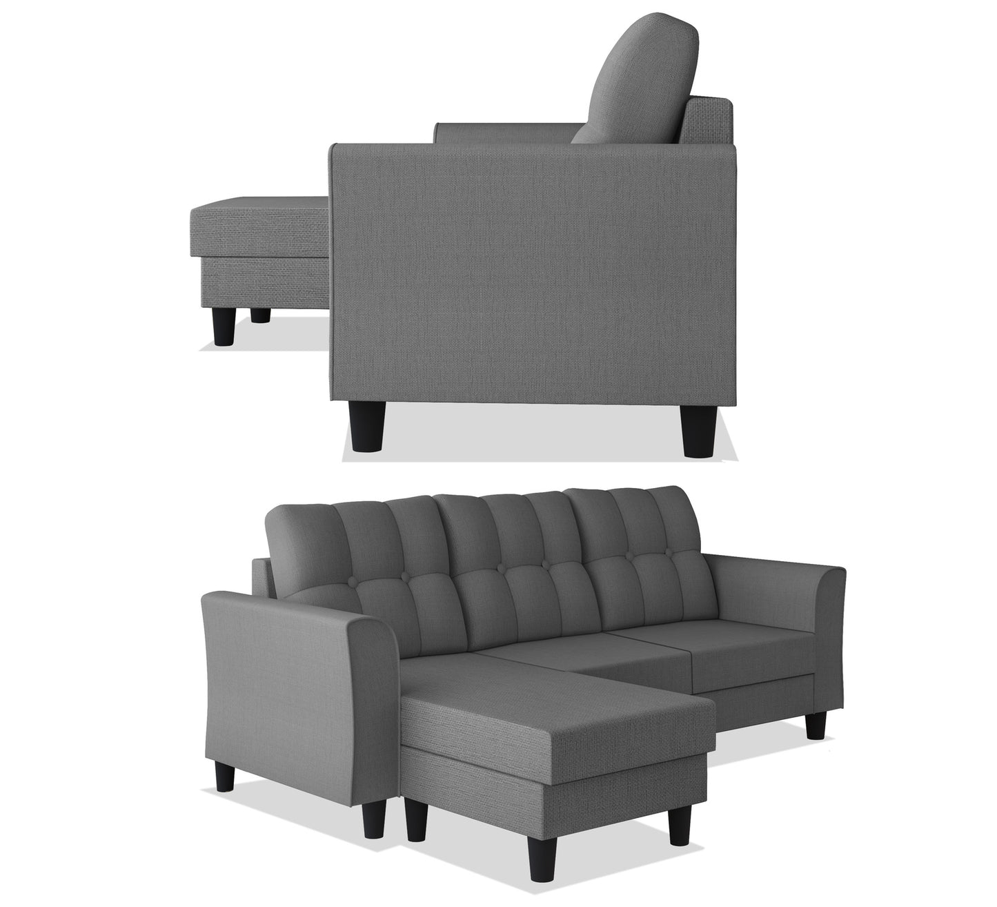 Adorn India Maddox Tufted L Shape 4 Seater Wood Sofa Set (Grey) (3 Year Warranty)