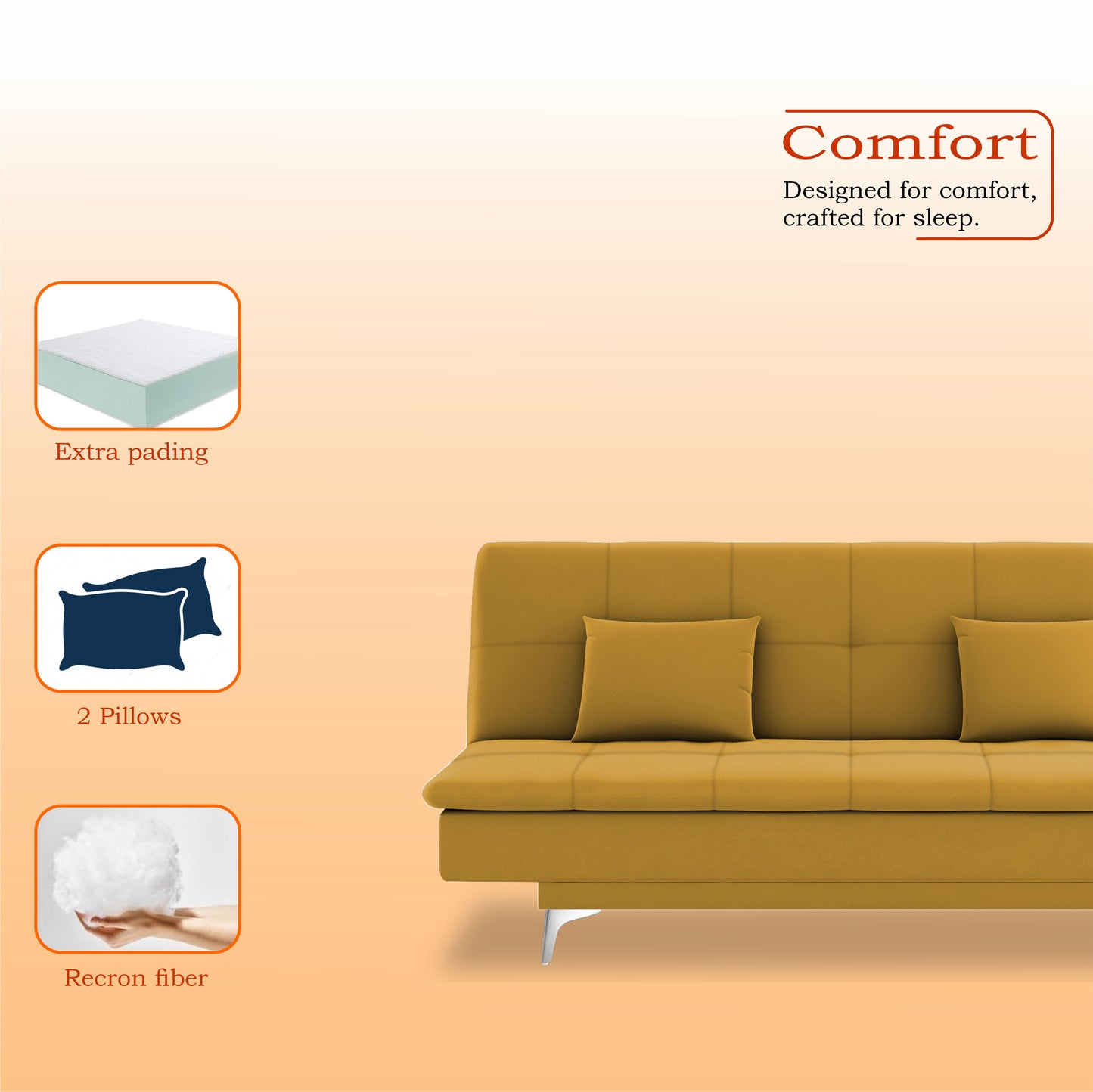 Adorn India Premium New Aspen 3 Seater Sofa Cum Bed 4X6 Velvet Suede with 2 Cushions (Color Yellow) and Suitable for All Indoor, with 3 Years Warranty