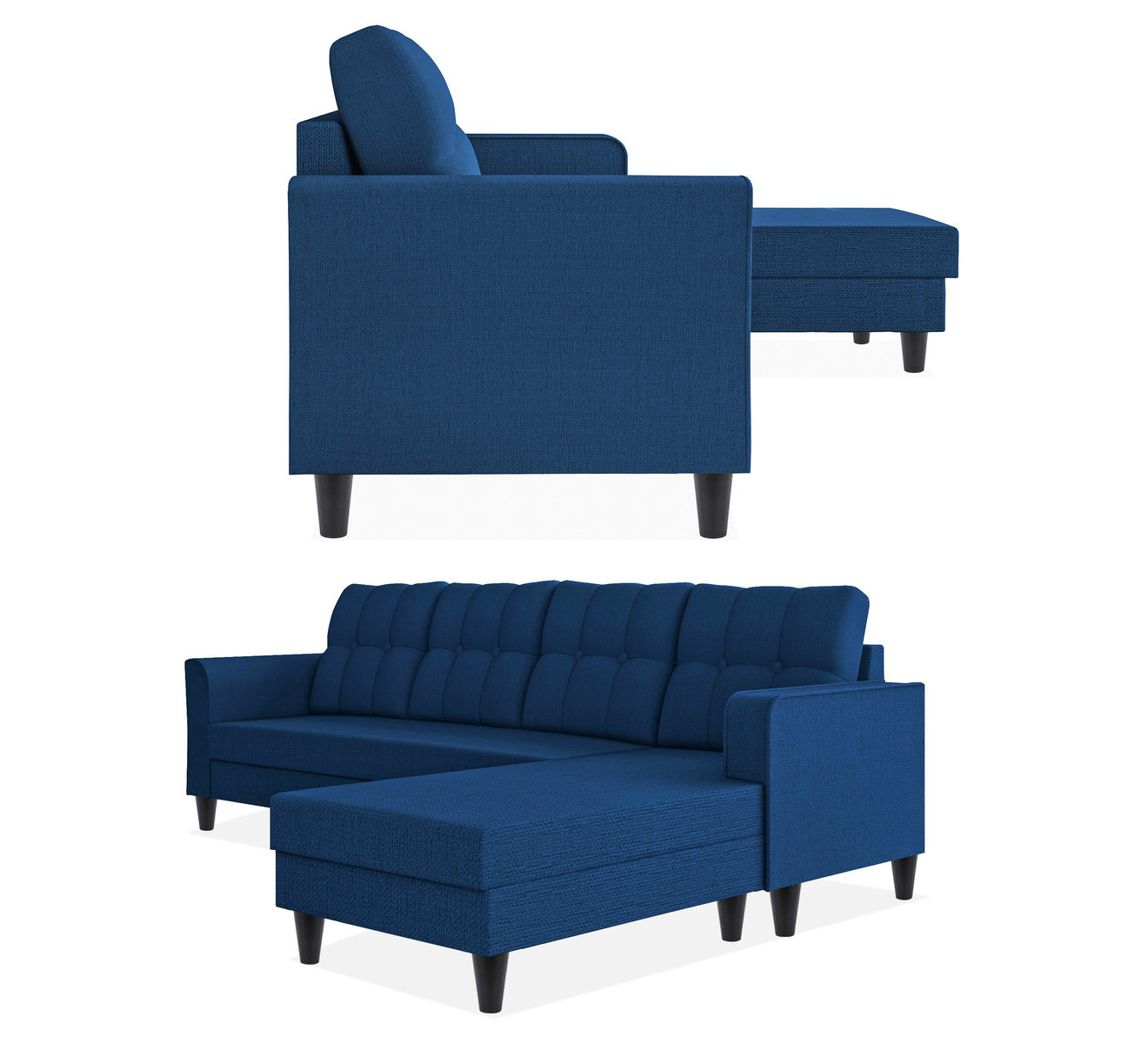 Adorn India Maddox Tufted L Shape 5 Seater Sofa Chenille Sofa Set RHS (Blue) (3 Year Warranty)