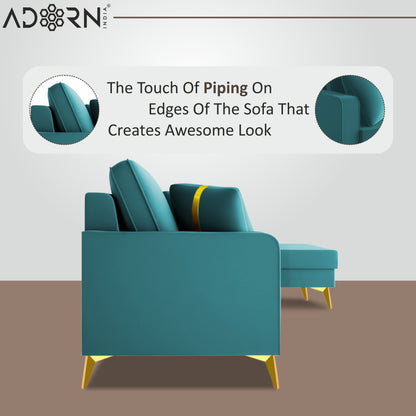 Adorn India Premium Chandler - 3 Years Warranty - L Shape 4 Seater Sofa Set Velvet Suede Fabric - Aqua Blue