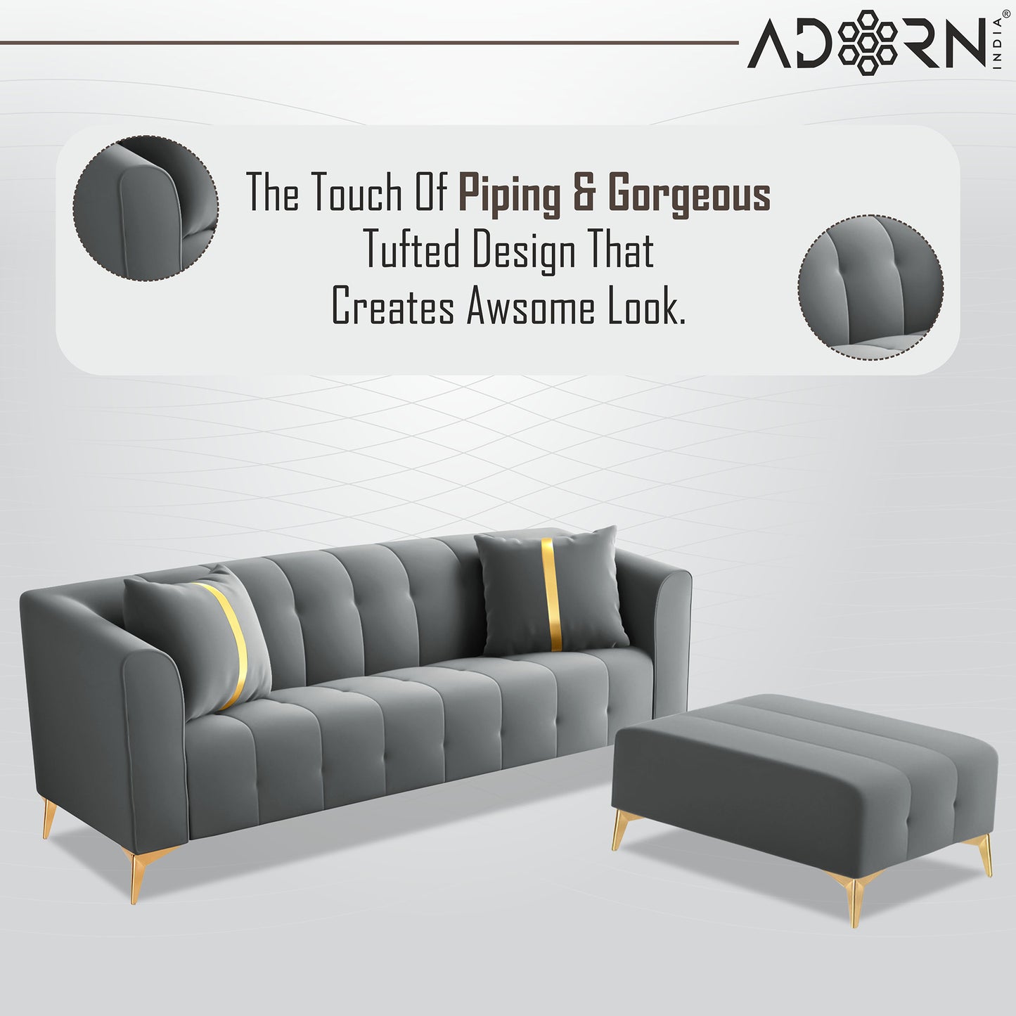 Adorn India Premium Mystic - 3 Years Warranty - L Shape 4 Seater Sofa Set Velvet Suede Fabric - Grey