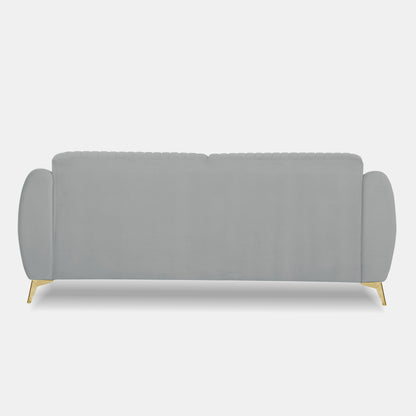 Adorn India Premium Valentino 3 Seater Sofa | Velvet Suede Fabric | 3-Year Warranty | Color Grey with Golden Legs & Striped Pattern Cushion