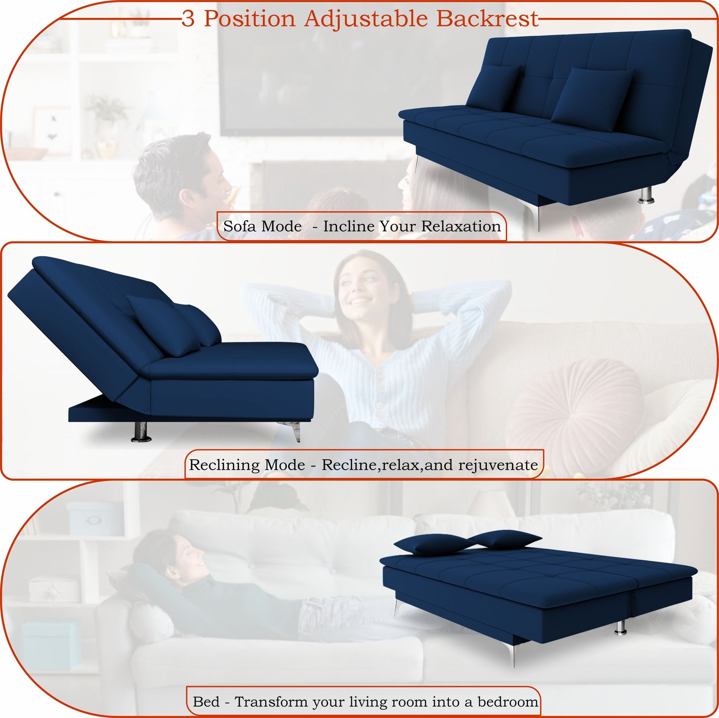 Adorn India Premium New Aspen 3 Seater Sofa Cum Bed 4X6 Velvet Suede with 2 Cushions (Color Blue) and Suitable for All Indoor, with 3 Years Warranty
