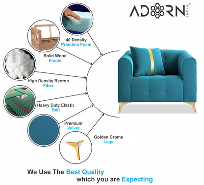 Adorn India Premium Mystic - 3 Years Warranty - 1 Seater Sofa Velvet Suede Fabric - Aqua Blue