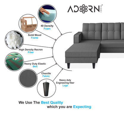 Adorn India Maddox Tufted L Shape 5 Seater Sofa Set LHS (Grey) (3 Year Warranty)