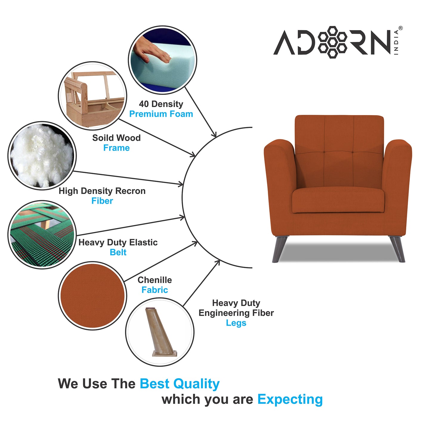 Adorn India Dannis 1 Seater Sofa (Rust) (3 Year Warranty)