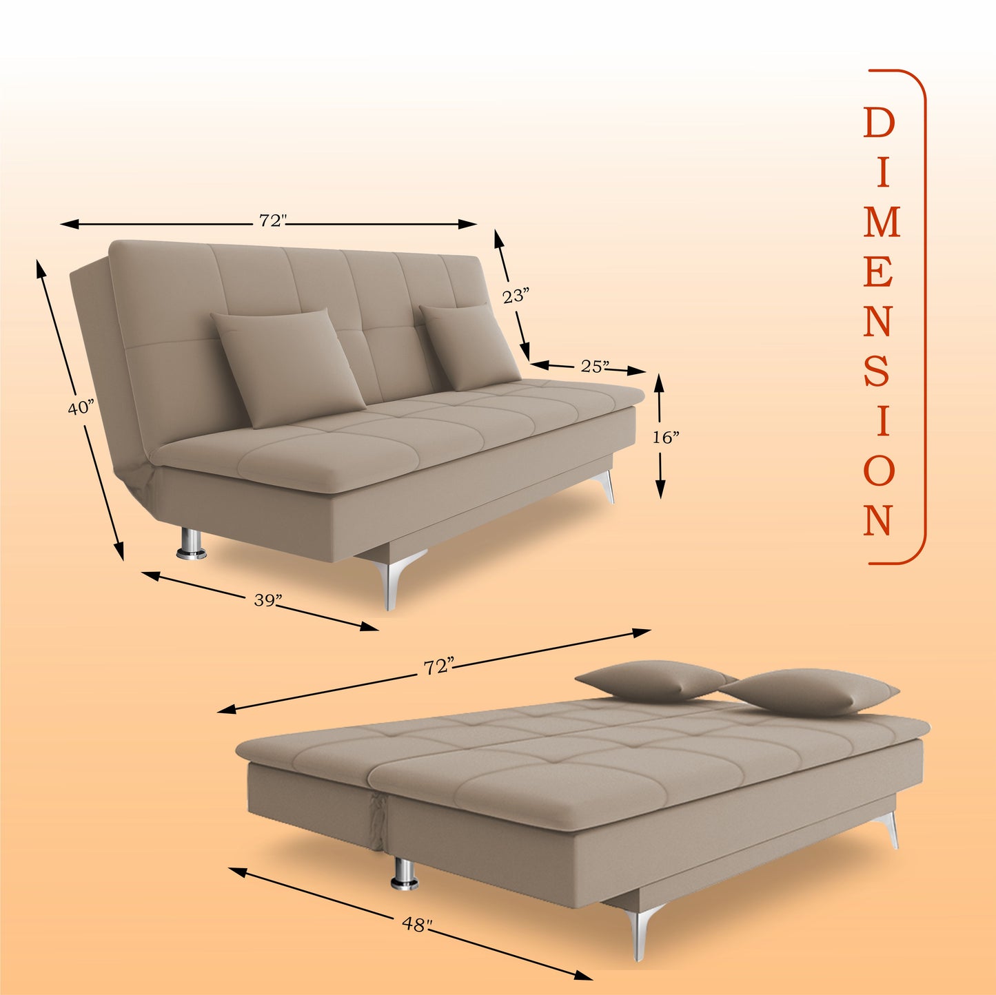 Adorn India Premium New Aspen 3 Seater Sofa Cum Bed 4X6 Velvet Suede with 2 Cushions (Color Light Beige) and Suitable for All Indoor, with 3 Years Warranty