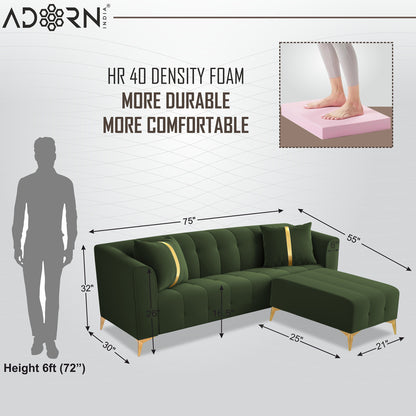 Adorn India Premium Mystic - 3 Years Warranty - L Shape 4 Seater Sofa Set Velvet Suede Fabric - Green