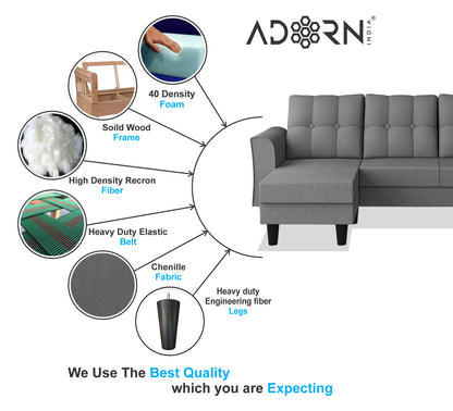 Adorn India Maddox Tufted L Shape 4 Seater Sofa Set (Grey)