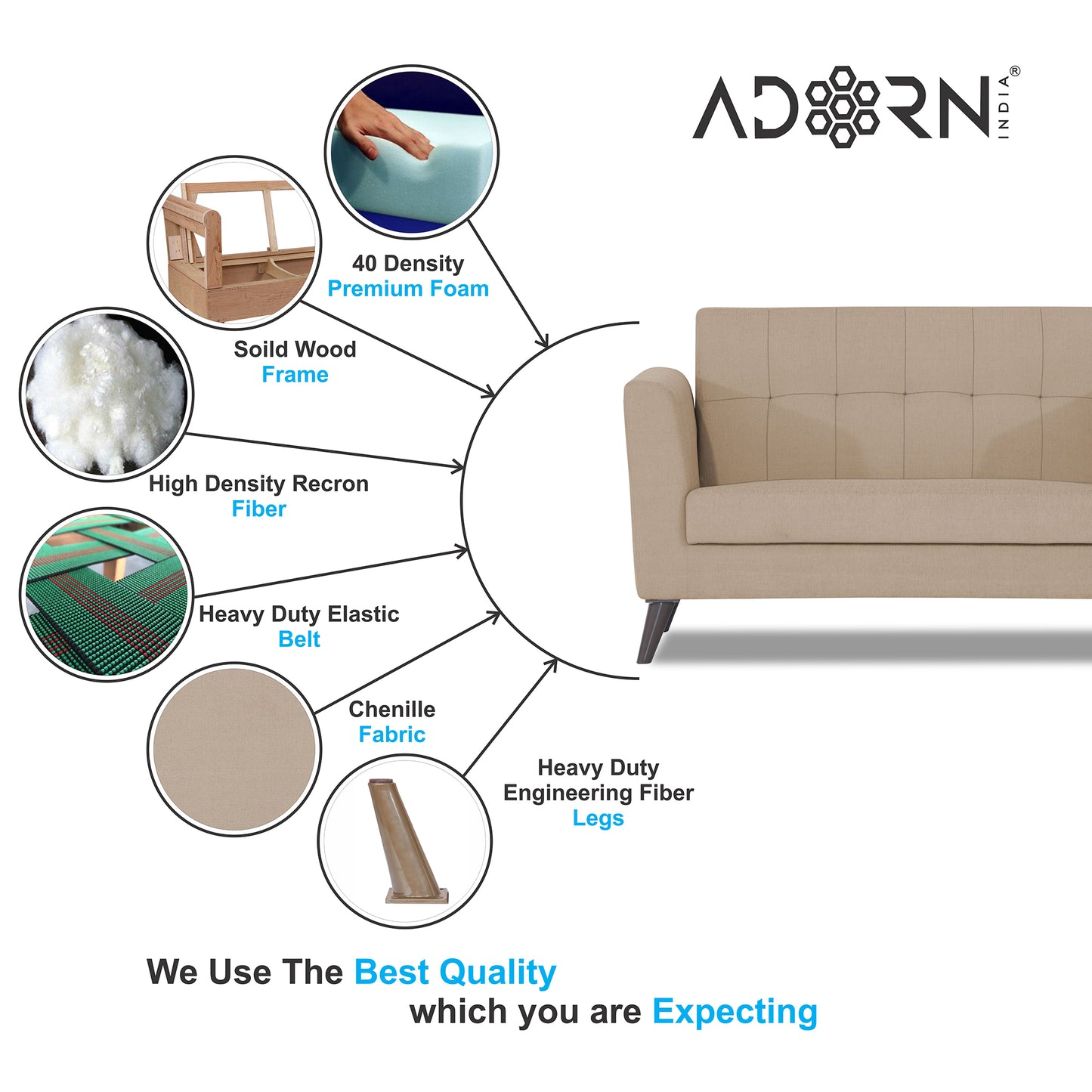 Adorn India Dannis 2 Seater Sofa (Beige) (3 Year Warranty)