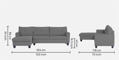 Adorn India Moris L Shape 6 Seater Sofa Set LHS (Grey) (3 Year Warranty)