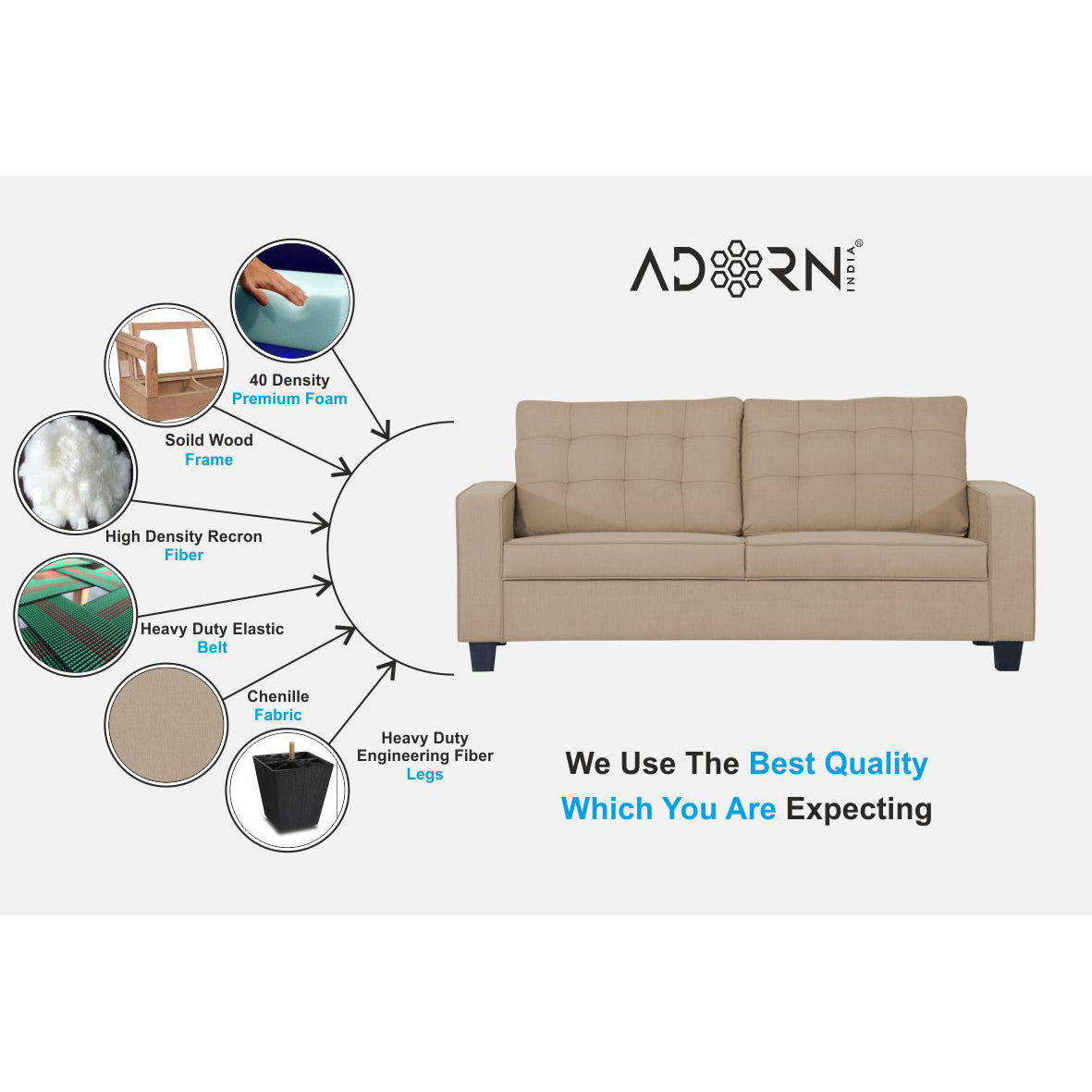 Adorn India Raptor 3 Seater Sofa (Beige)