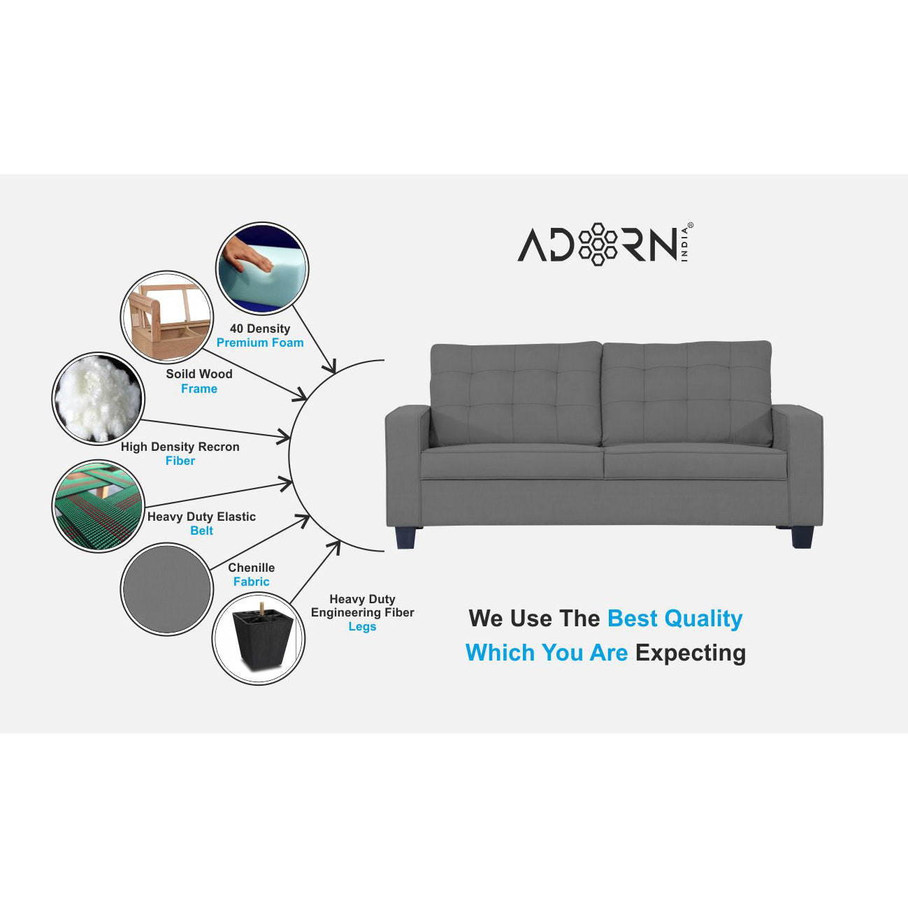 Adorn India Raptor 3 Seater Sofa (Grey)