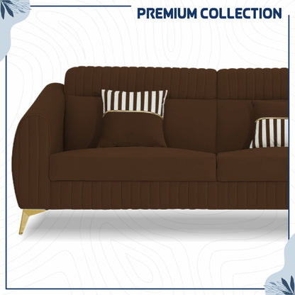 Adorn India Premium Valentino 3-2-1 Sofa Set | Velvet Suede Fabric | 3-Year Warranty | Color Brown with Golden Legs & Striped Pattern Cushion