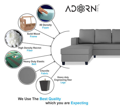 Adorn India Chandler Plain L Shape 6 Seater Sofa Set Lhs (Grey) (3 Year Warranty)