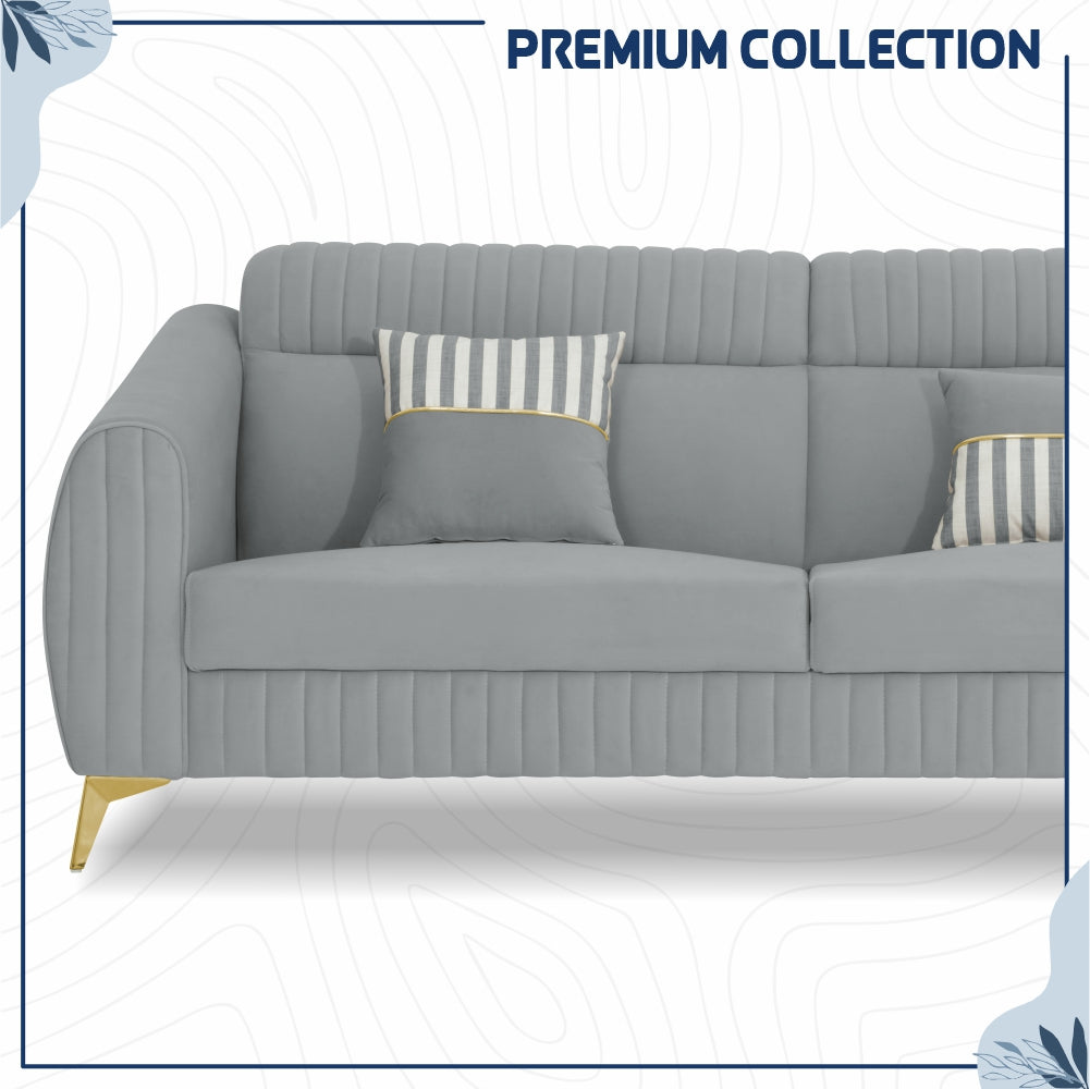 Adorn India Premium Valentino 3-1-1 Sofa Set | Velvet Suede Fabric | 3-Year Warranty | Color Grey with Golden Legs & Striped Pattern Cushion