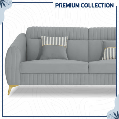 Adorn India Premium Valentino 3-1-1 Sofa Set | Velvet Suede Fabric | 3-Year Warranty | Color Grey with Golden Legs & Striped Pattern Cushion