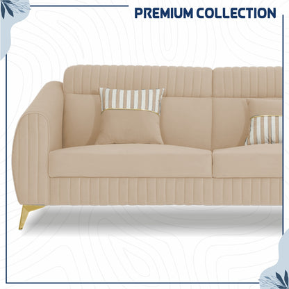 Adorn India Premium Valentino 3-1-1 Sofa Set | Velvet Suede Fabric | 3-Year Warranty | Color Beige with Golden Legs & Striped Pattern Cushion