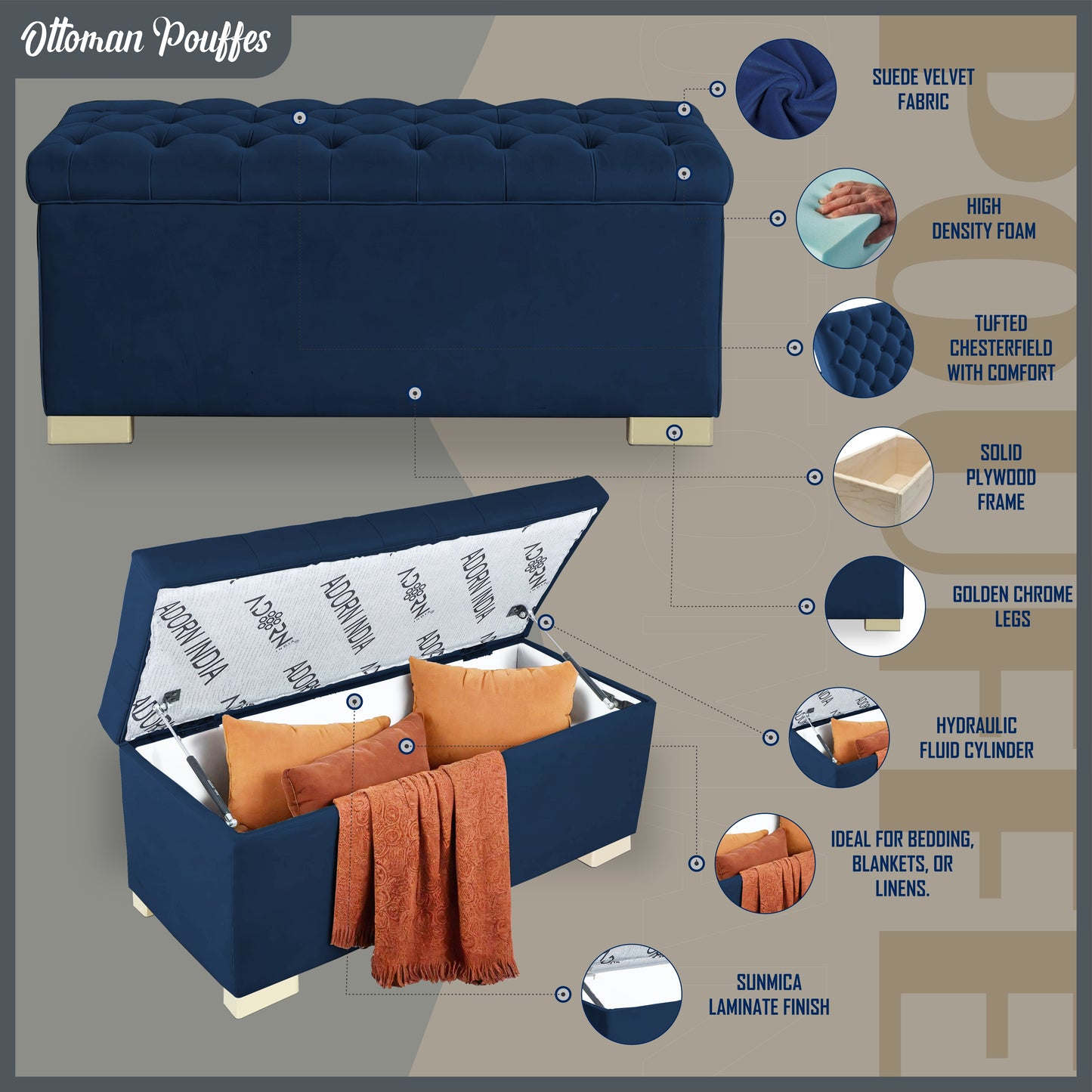 Adorn India Falcon Tufted 2 Seater Storage Ottoman Pouffe with Velvet Suede Fabric (Blue)