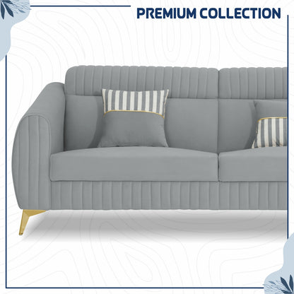 Adorn India Premium Valentino 3-2-1 Sofa Set | Velvet Suede Fabric | 3-Year Warranty | Color Grey with Golden Legs & Striped Pattern Cushion