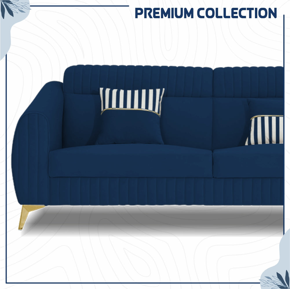 Adorn India Premium Valentino 3-2 Sofa Set | Velvet Suede Fabric | 3-Year Warranty | Color Blue with Golden Legs & Striped Pattern Cushion