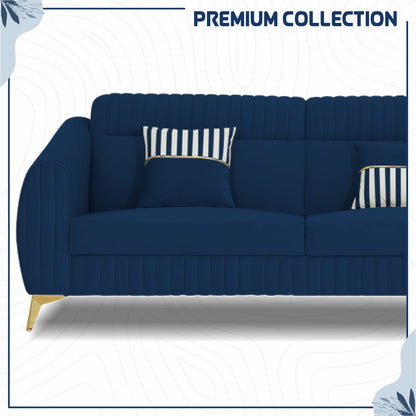 Adorn India Premium Valentino 3-2 Sofa Set | Velvet Suede Fabric | 3-Year Warranty | Color Blue with Golden Legs & Striped Pattern Cushion