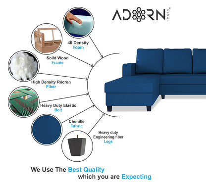Adorn India Chandler Plain L Shape 6 Seater Sofa Set Lhs (Blue) (3 Year Warranty)