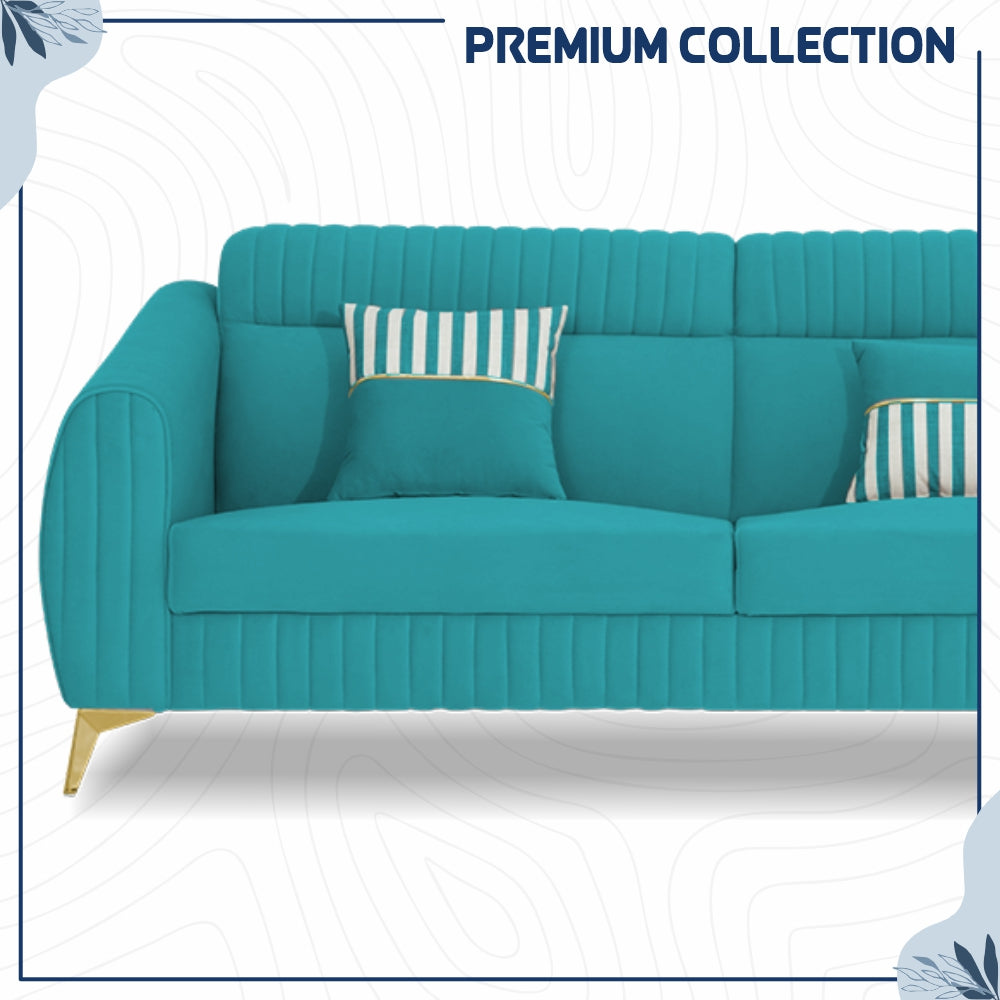 Adorn India Premium Valentino 3-2 Sofa Set | Velvet Suede Fabric | 3-Year Warranty | Color Aqua Blue with Golden Legs & Striped Pattern Cushion